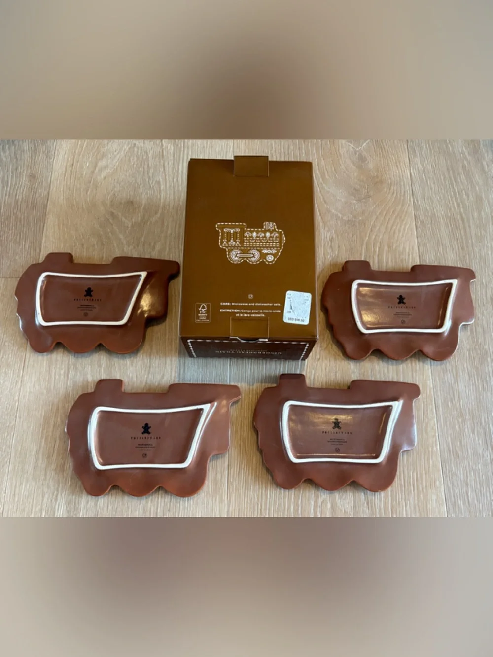 POTTERY BARN Gingerbread Train -SET OF 4 -  APPETIZER Plates Holiday NEW NIB